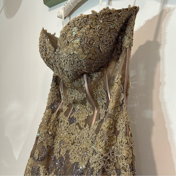 JOVANI PROM 6534 Strapless beaded glitter champagne & toffee gown size 8 - Picture 5 of 16